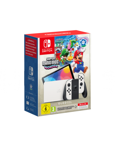 15881-Switch - Nintendo Switch Consola (versión OLED) Blanca + Super Mario Bros.Wonder + 12 meses NSO-0045496454074