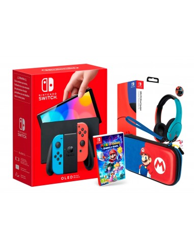 16231-Switch - Nintendo Switch Consola OLED Azul/Rojo + Mario + Rabbids Chispas + Funda + Auricular-9506746886669