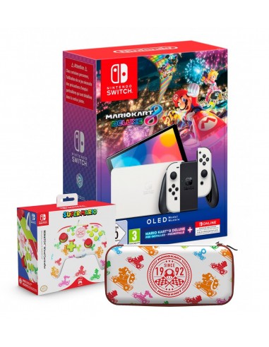 16375-Switch - Nintendo Switch Consola OLED Blanca + Mario Kart 8 Deluxe + 12 meses NSO + Funda + Mando-9509727346527